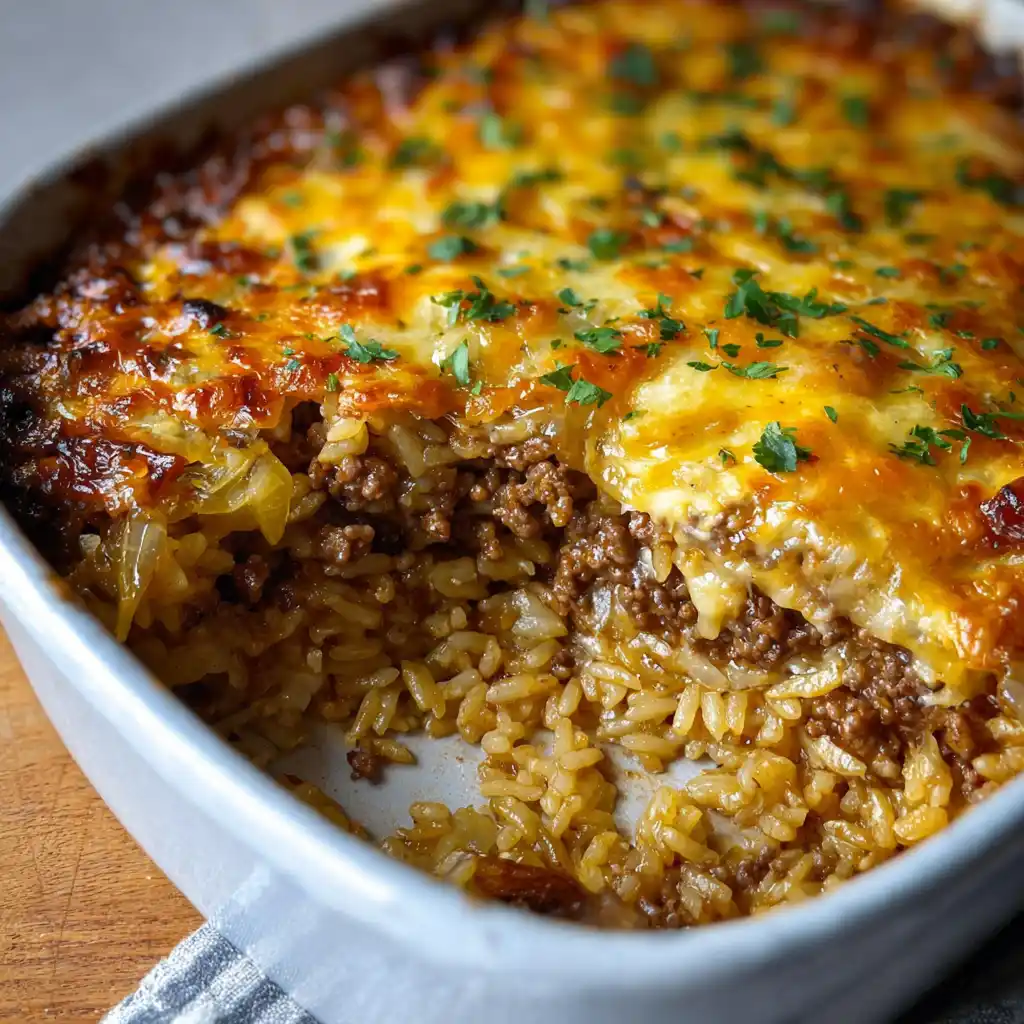 A comforting serving of cheesy beef and rice casserole
