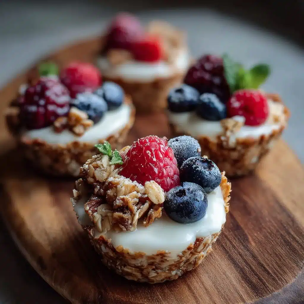 Frozen Yogurt Granola Cups topped with berries and granola in a bowl