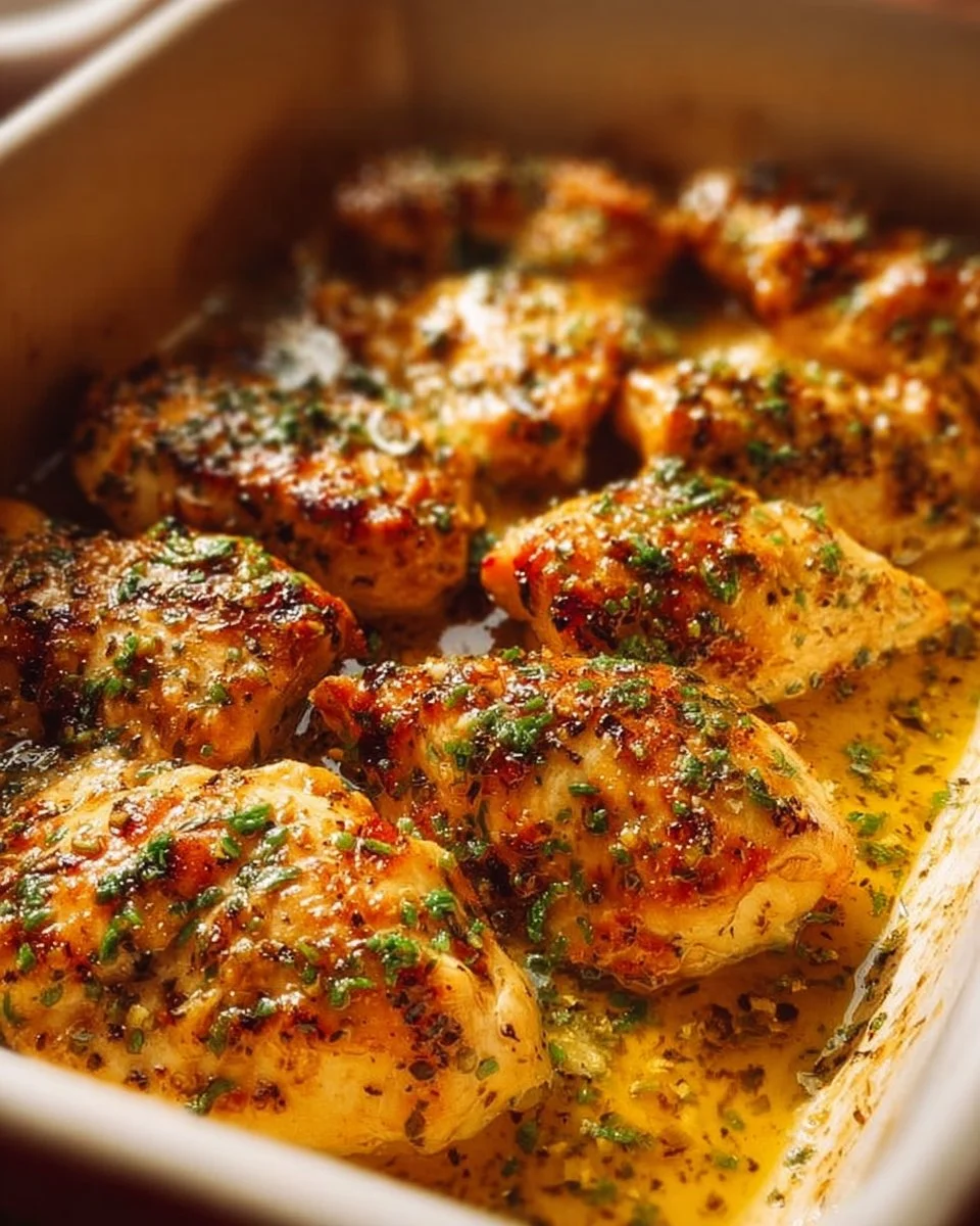 Garlic butter baked chicken breast dish served with herbs and vegetables