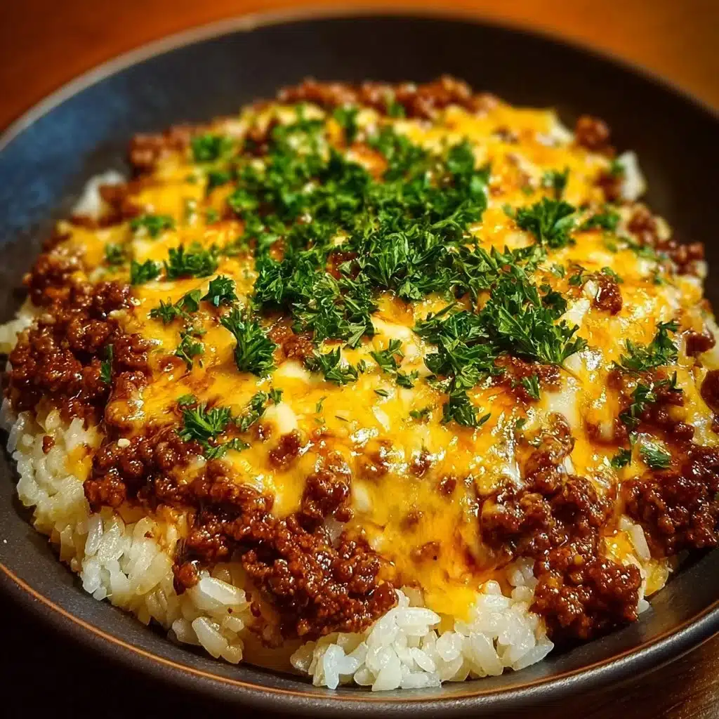 Garlic Butter Beef and Rice Skillet topped with Cheddar Parmesan Sauce
