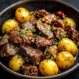 Crockpot garlic butter beef bites with potatoes