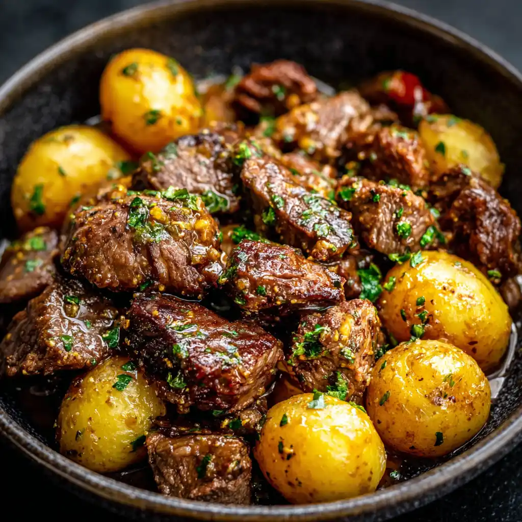 Crockpot garlic butter beef bites with potatoes