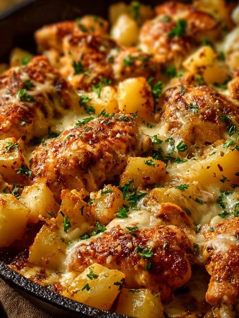 Plate of garlic parmesan chicken served with roasted potatoes