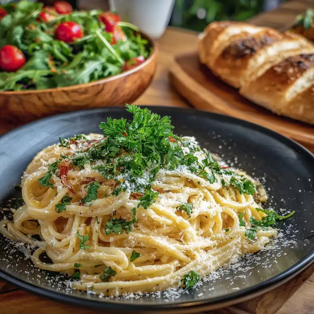 Garlic Parmesan Chicken Pasta dish without cream cheese, garnished with herbs