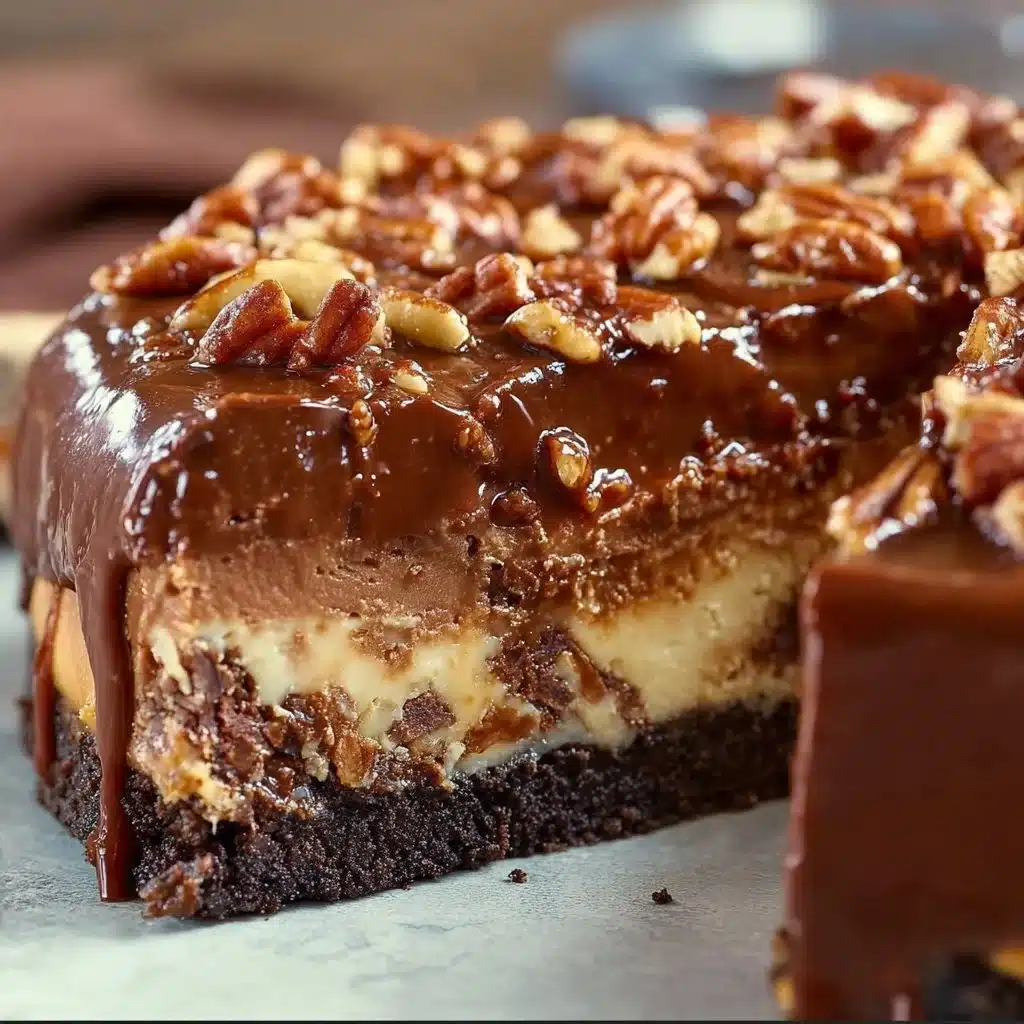 Delicious slice of German Chocolate Cheesecake with chocolate and coconut toppings