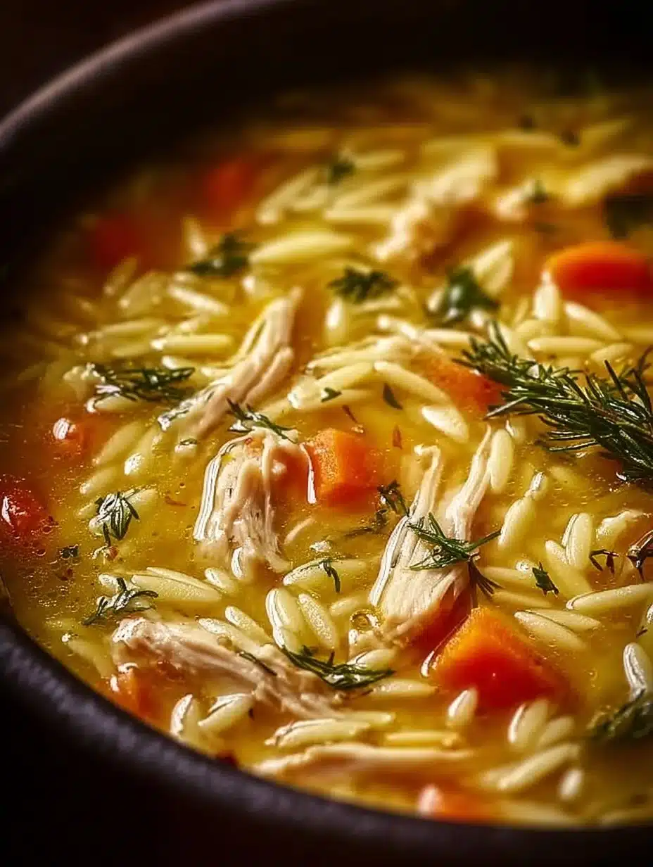 Delicious Greek lemon chicken soup in a rustic bowl garnished with fresh herbs.