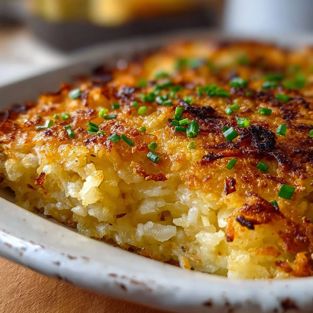 Creamy Hashbrown Casserole served hot in a baking dish