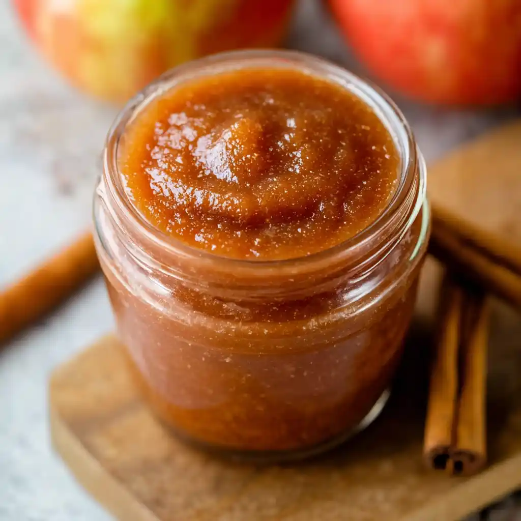 Healthy apple butter in jar with apples and cinnamon