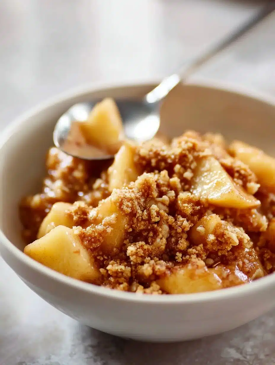 Healthy breakfast apple crumble topped with oats and fresh fruits.