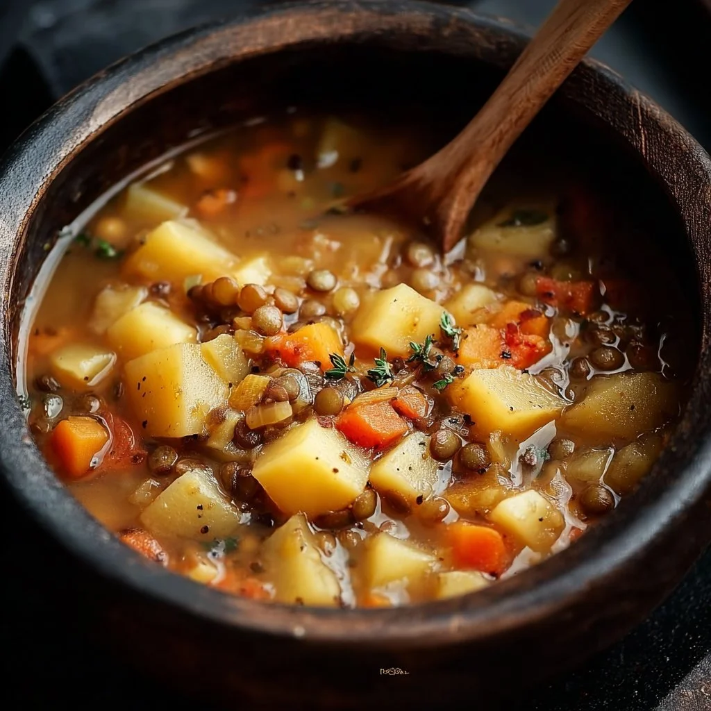 Bowl of hearty lentil and potato soup garnished with herbs