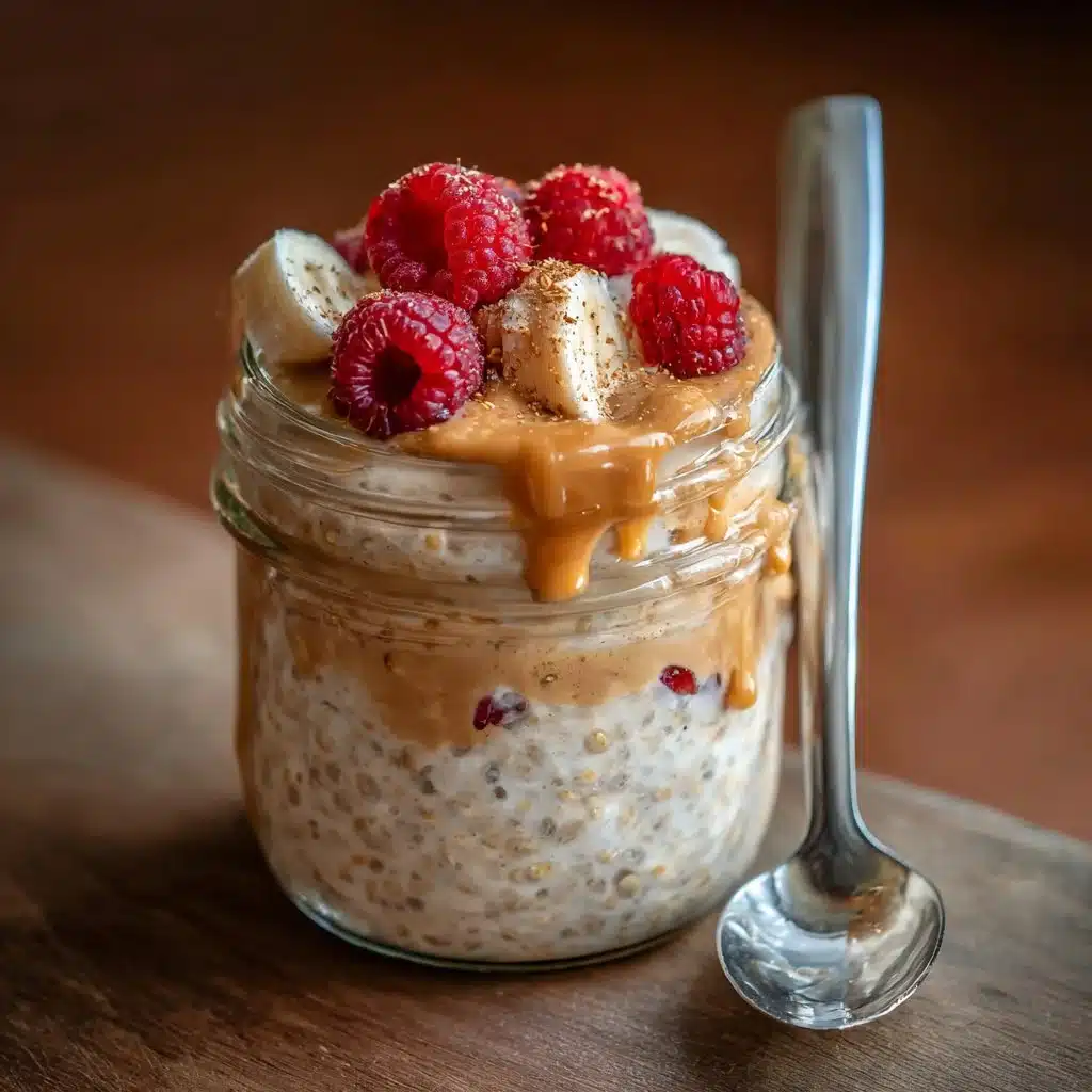 Bowl of high-protein overnight oats topped with fruits and nuts
