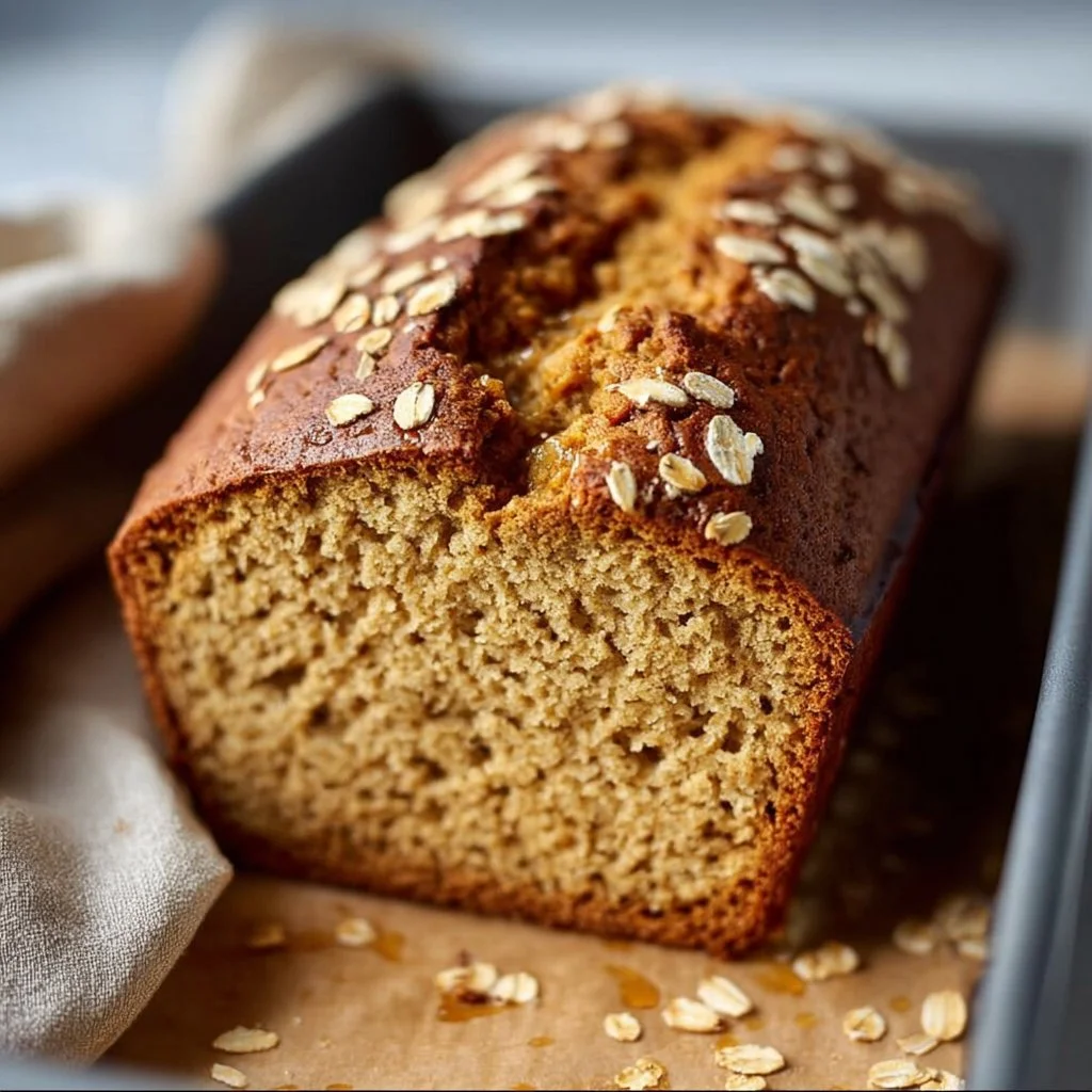 Freshly baked honey cinnamon oatmeal bread loaf on a wooden table