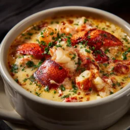 Creamy lobster scallop chowder with fresh parsley in white bowl