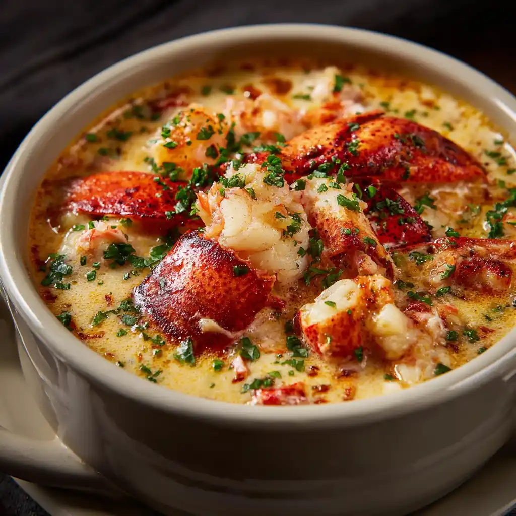 Creamy lobster scallop chowder with fresh parsley in white bowl