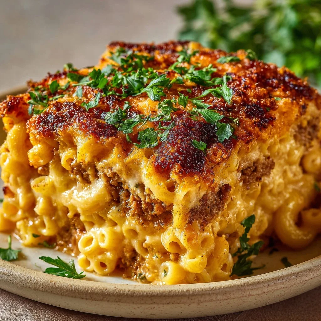 Delicious Mac and Cheese Meatloaf Casserole served hot and ready to enjoy