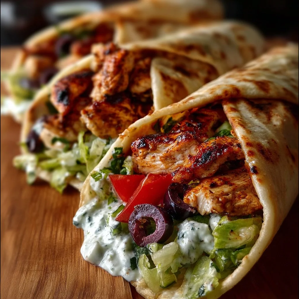 Mediterranean Chicken Gyros with creamy feta tzatziki sauce on a plate