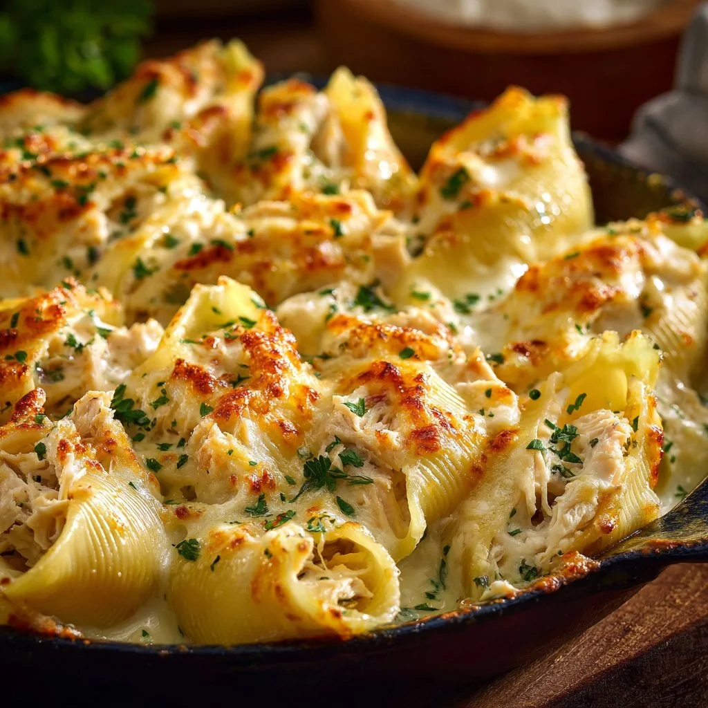 Delicious Million Dollar Chicken Alfredo Stuffed Shells with creamy sauce