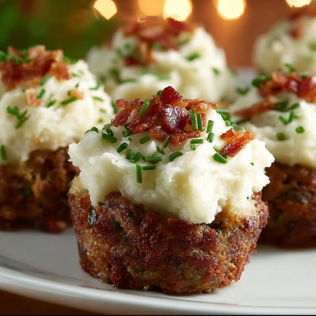 Mini meatloaf muffins topped with fluffy mashed potato frosting on a plate