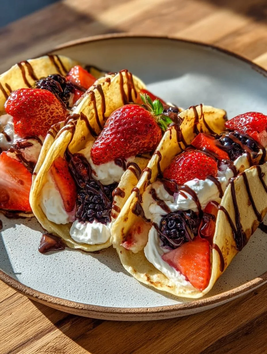 Delicious pancake tacos served with fresh fruit and syrup.