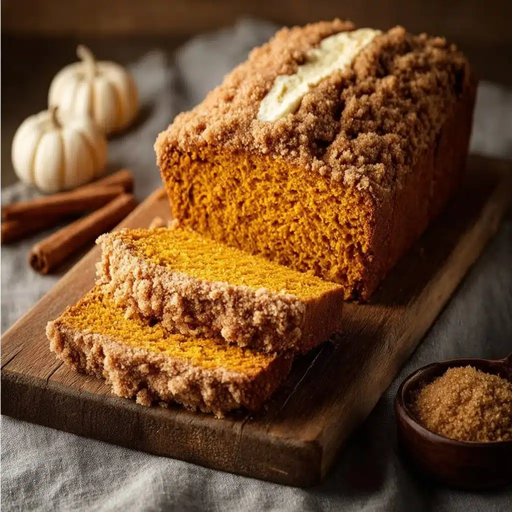 Delicious pumpkin bread topped with brown sugar streusel on a wooden table.