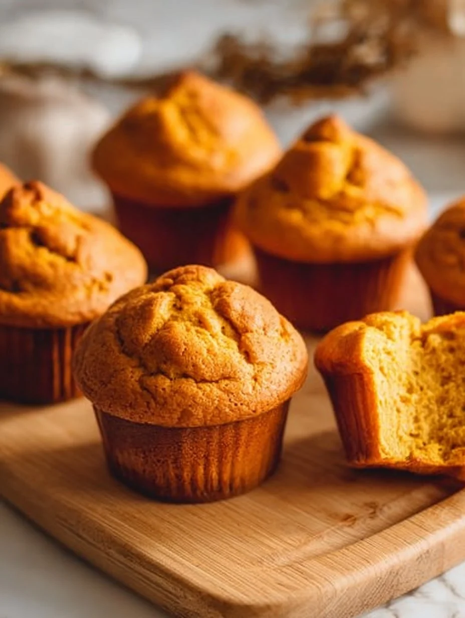 Freshly baked pumpkin cottage cheese muffins on a wooden table