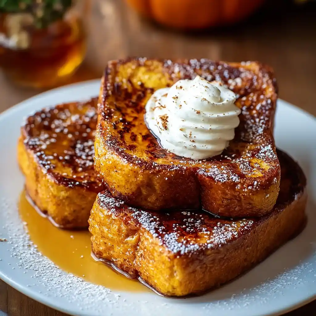 Pumpkin French Toast Breakfast with syrup and pecans