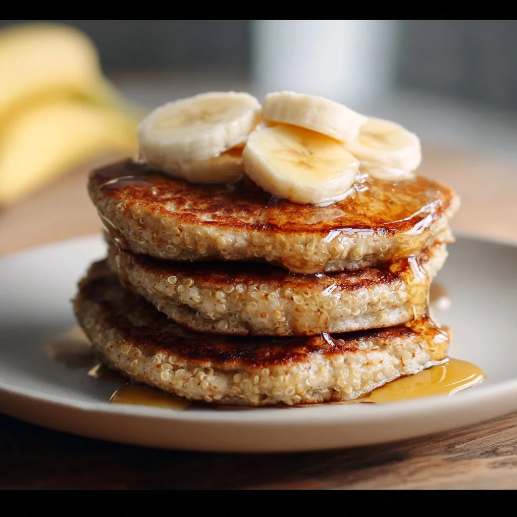 Delicious quinoa pancakes served with syrup and fresh berries