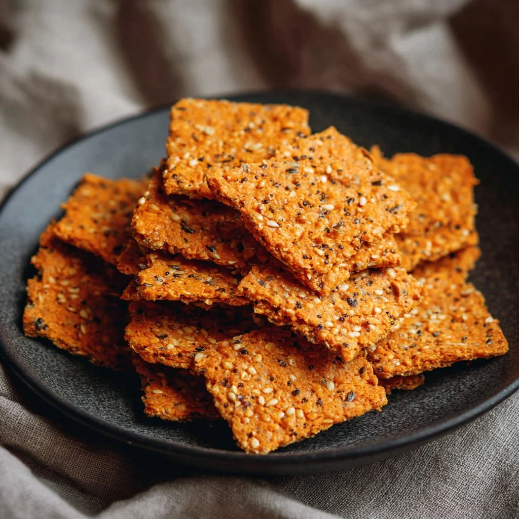 Plate of red lentil crackers, a high-protein snack option.