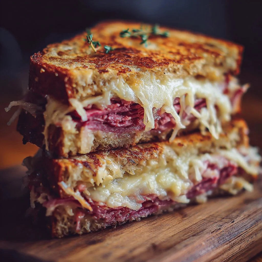 Delicious Reuben Sandwich with corned beef, Swiss cheese, and sauerkraut on rye bread