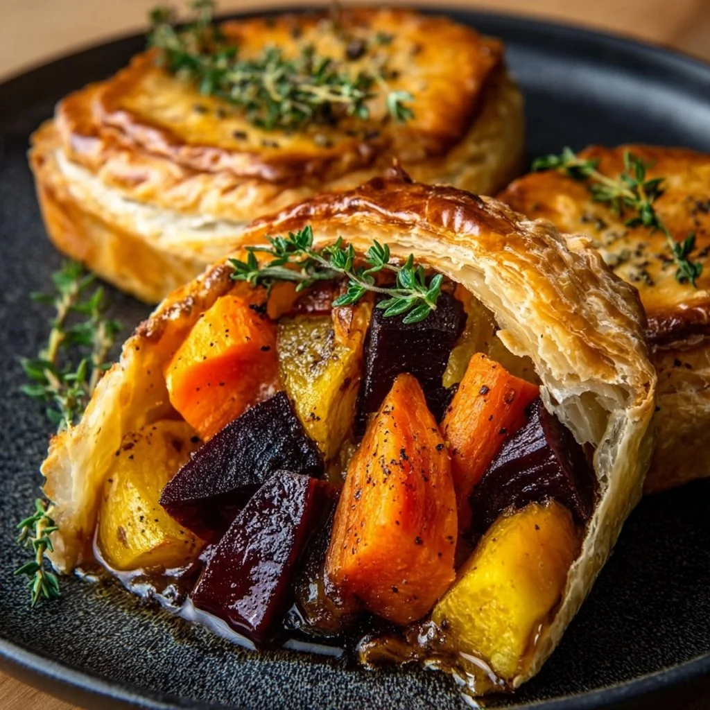 Delicious roasted autumn vegetable pot pies filled with seasonal vegetables.