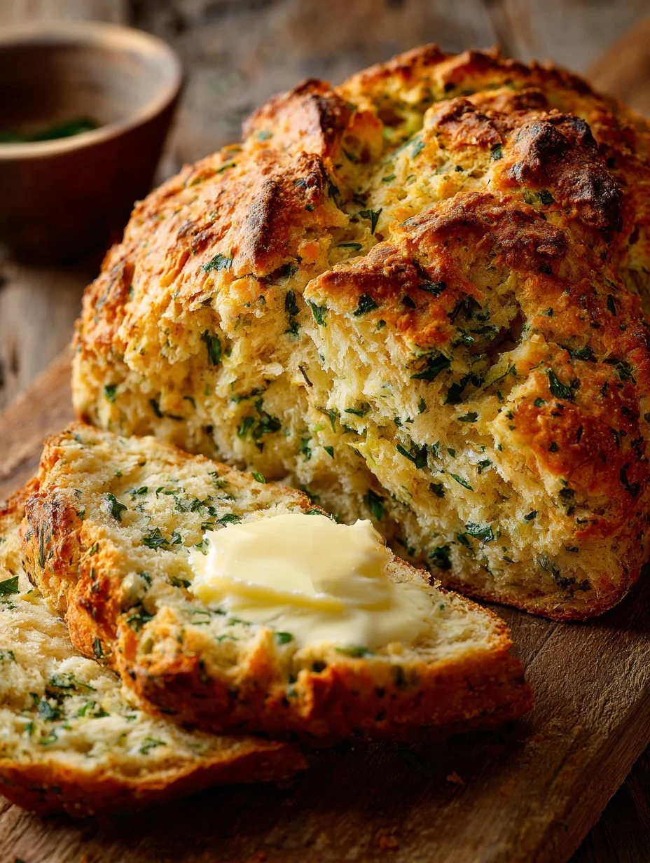 Delicious savory herb soda bread freshly baked with a blend of herbs.