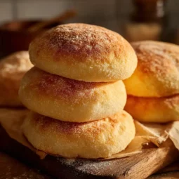 Semolina bread stacked on a wooden board