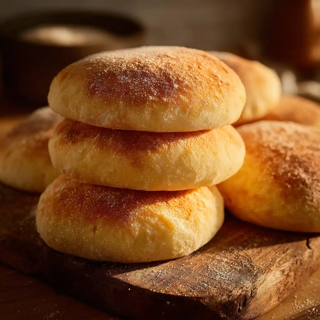 Semolina bread stacked on a wooden board