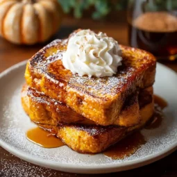 Pumpkin French Toast Breakfast with syrup and pecans