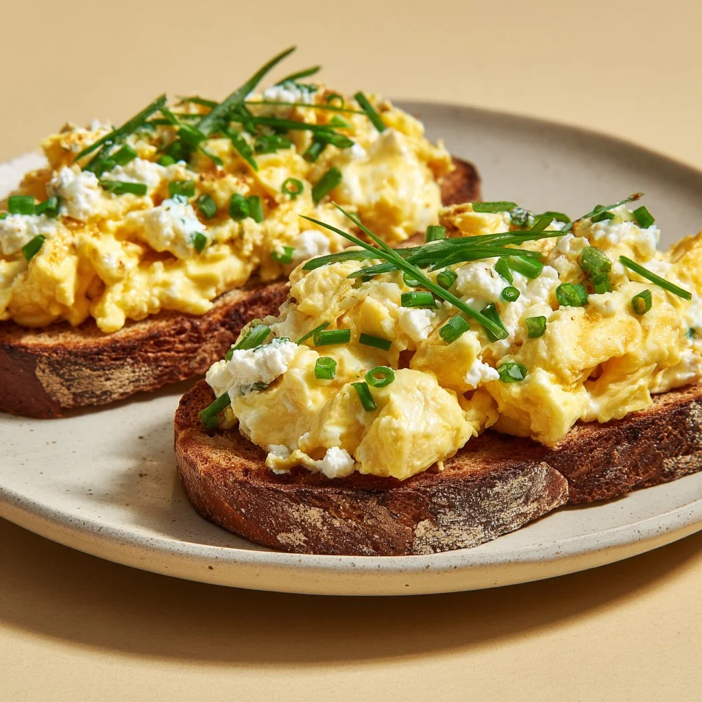 Delicious simple egg and ricotta toast topped with herbs and seasoning.