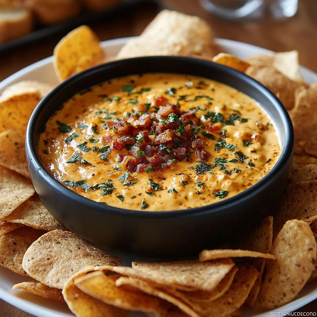 Creamy smoked queso dip topped with herbs and served in a bowl