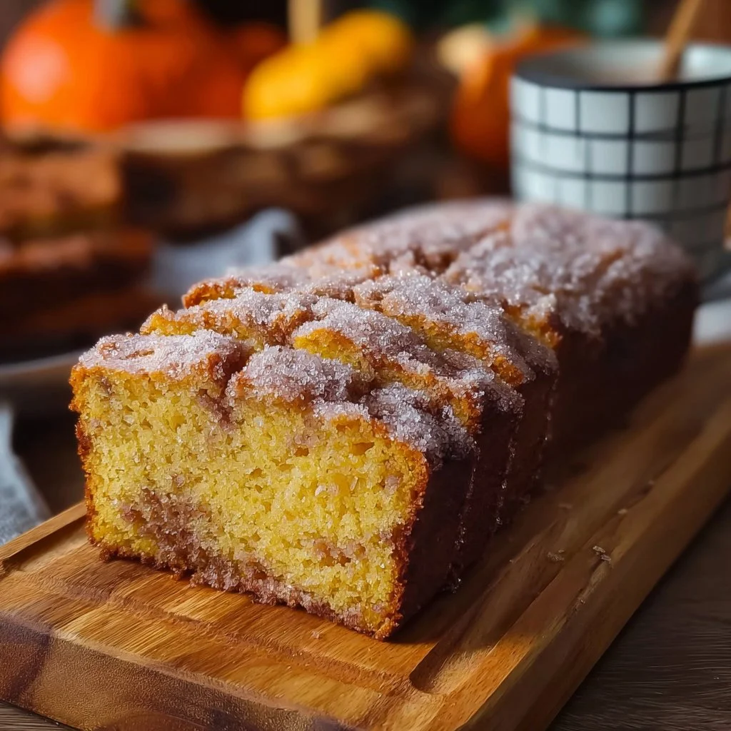 Slice of homemade snickerdoodle pumpkin bread on a wooden board