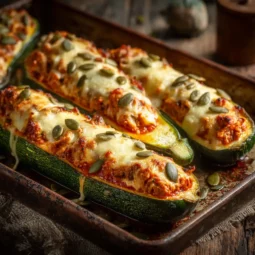 Stuffed zucchini with pumpkin seeds and cheese baked golden