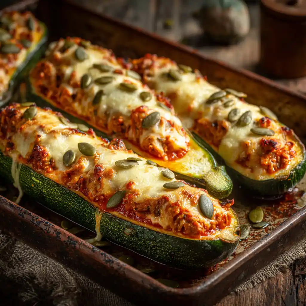 Stuffed zucchini with pumpkin seeds and cheese baked golden