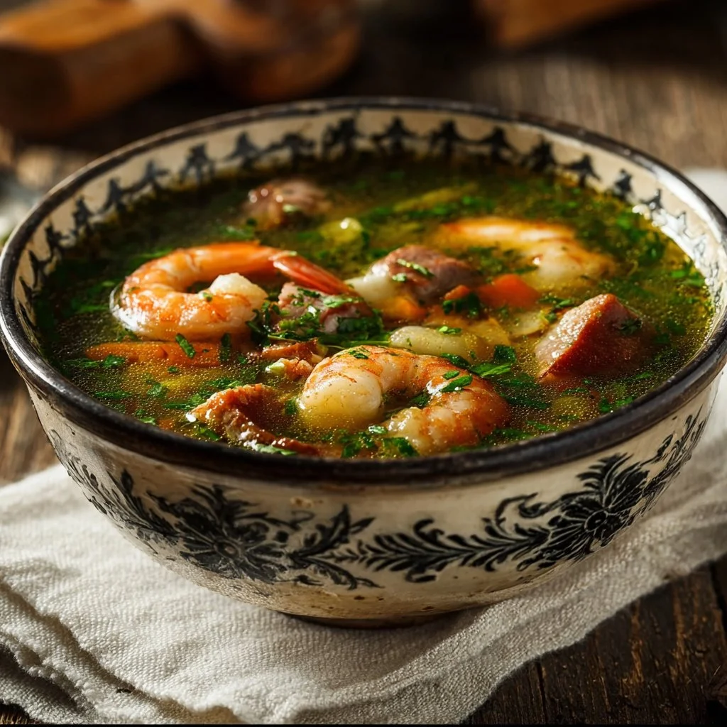 A bowl of swamp soup showcasing vibrant ingredients and rich textures.