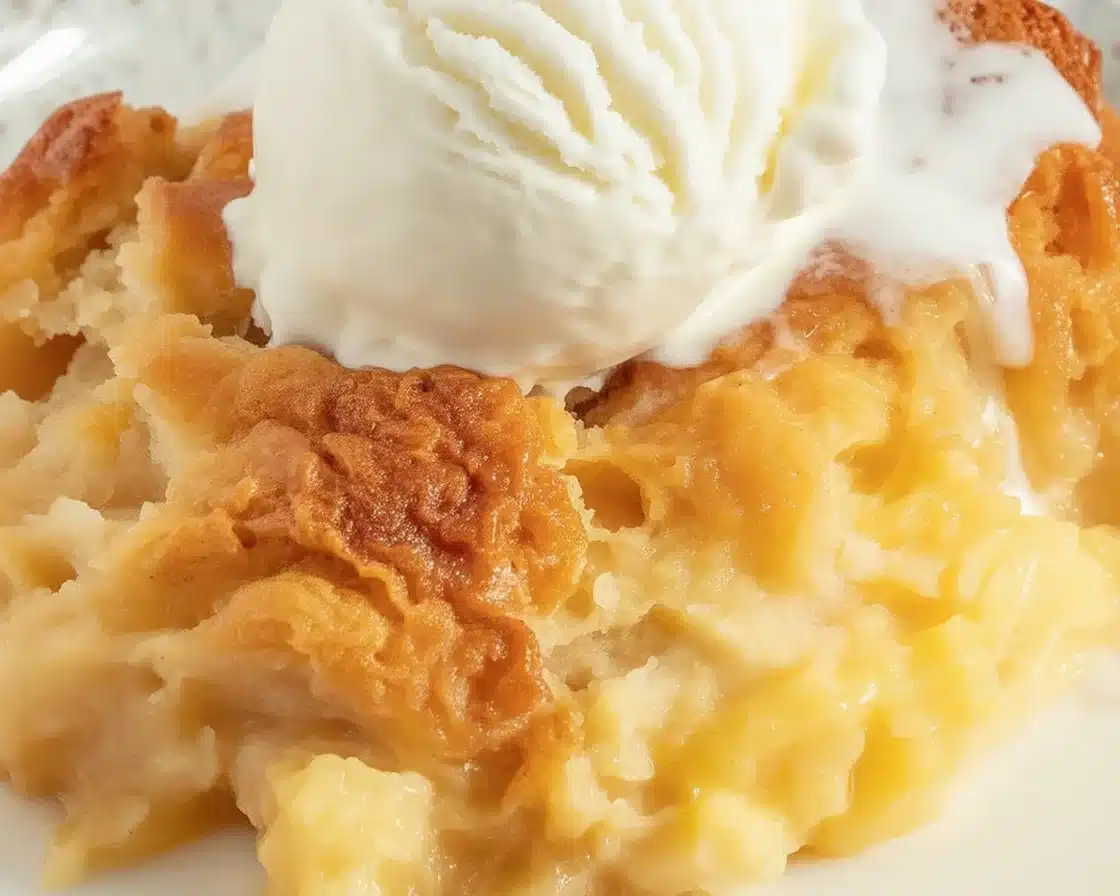 Pineapple Cream Cheese Cobbler topped with ice cream, showcasing its fruity layers and buttery crust.