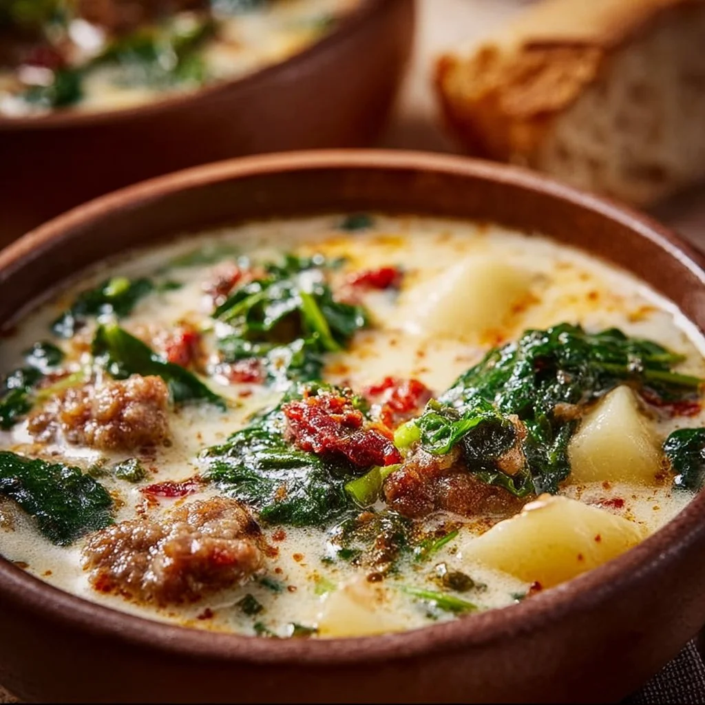 Bowl of hearty Tuscan soup with vegetables and beans topped with fresh herbs