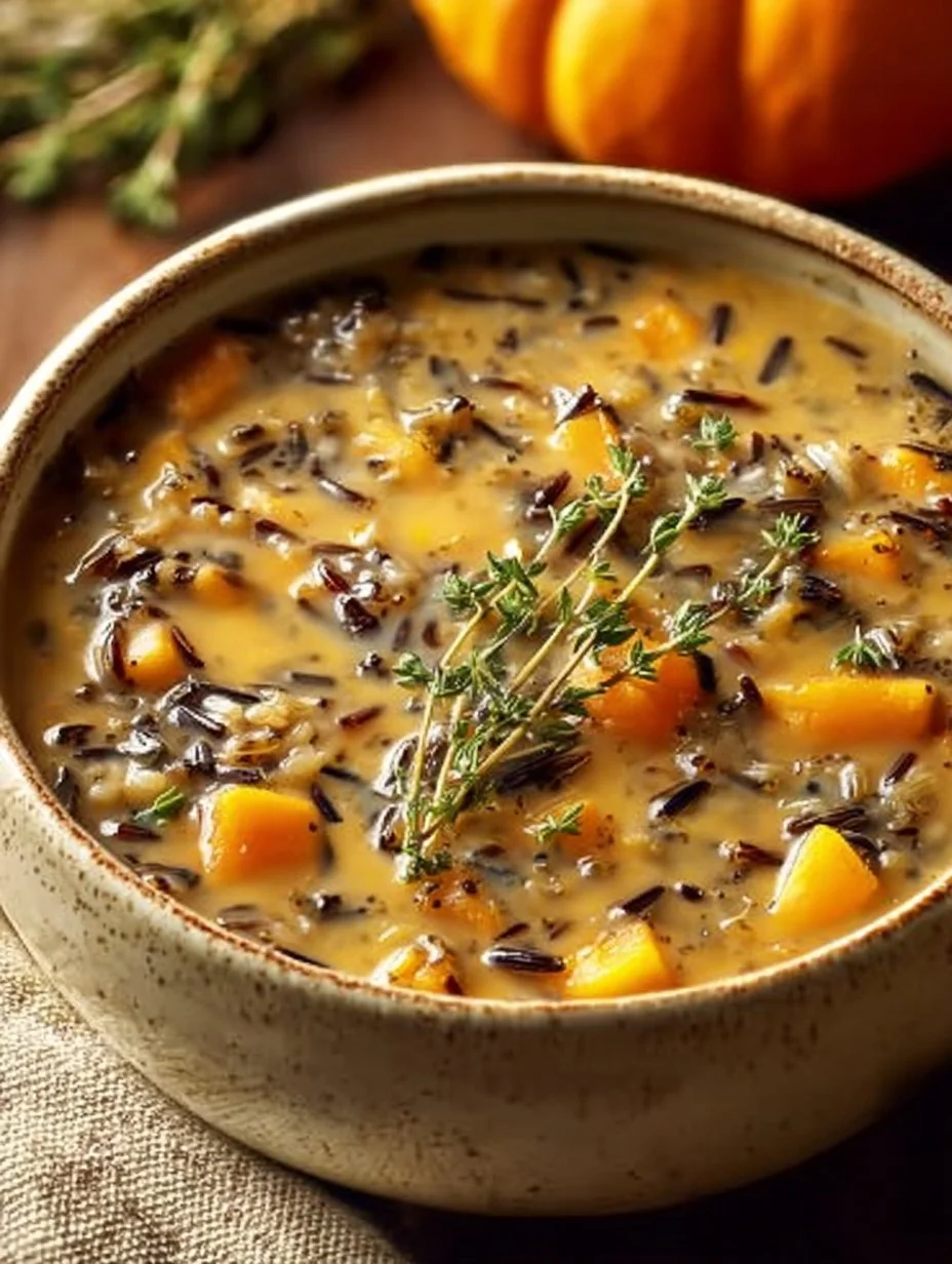 Bowl of hearty wild rice soup with vegetables and herbs