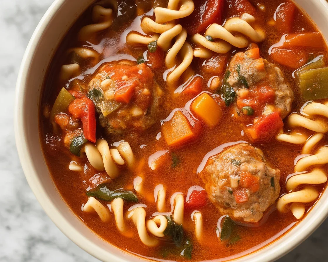 A bowl of Italian Meatball Soup with meatballs, vegetables, and pasta in tomato broth.