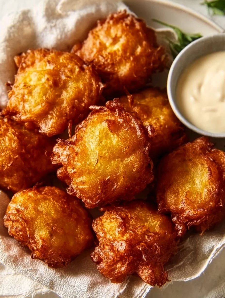 Amish onion fritters served on a plate, golden and crispy.