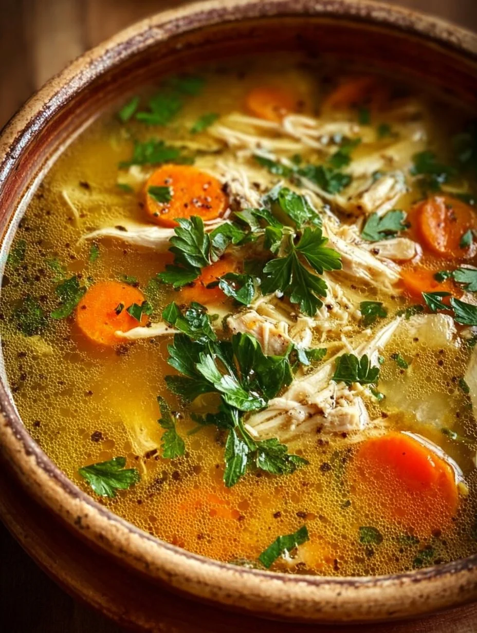Bowl of anti-inflammatory chicken soup with vegetables and herbs for a healthy meal