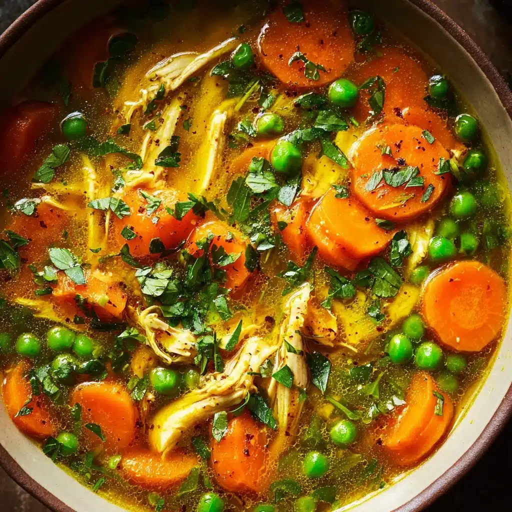 Bowl of anti-inflammatory turmeric chicken soup garnished with herbs