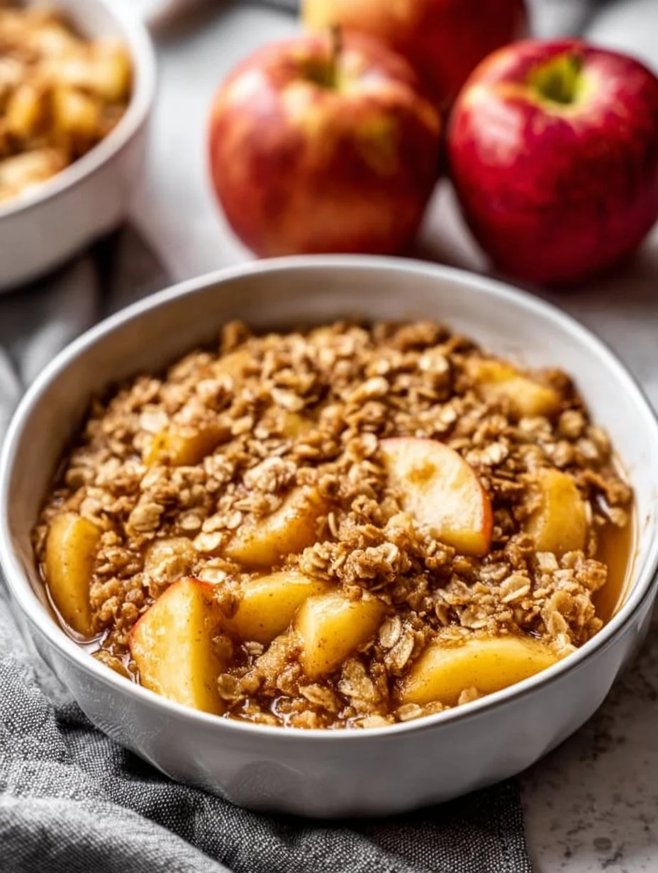 Homemade apple crisp with oats served in a bowl
