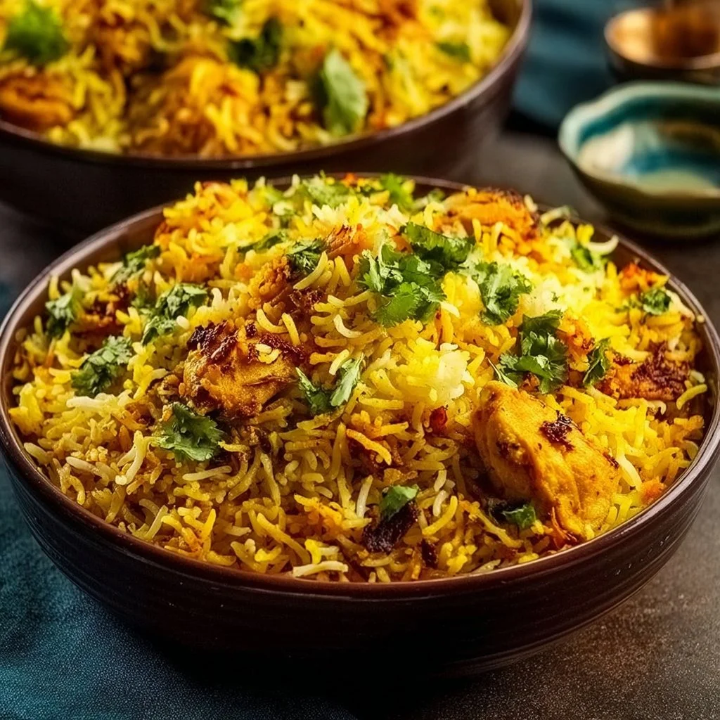 Plate of authentic Indian restaurant-style chicken biryani with spices and herbs