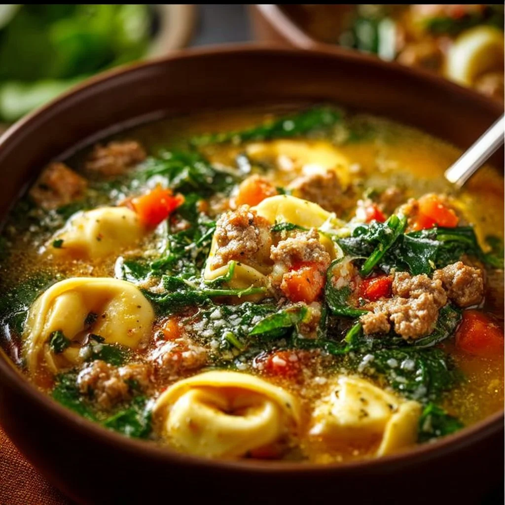 Bowl of Autumn Tortellini Soup with vegetables and herbs